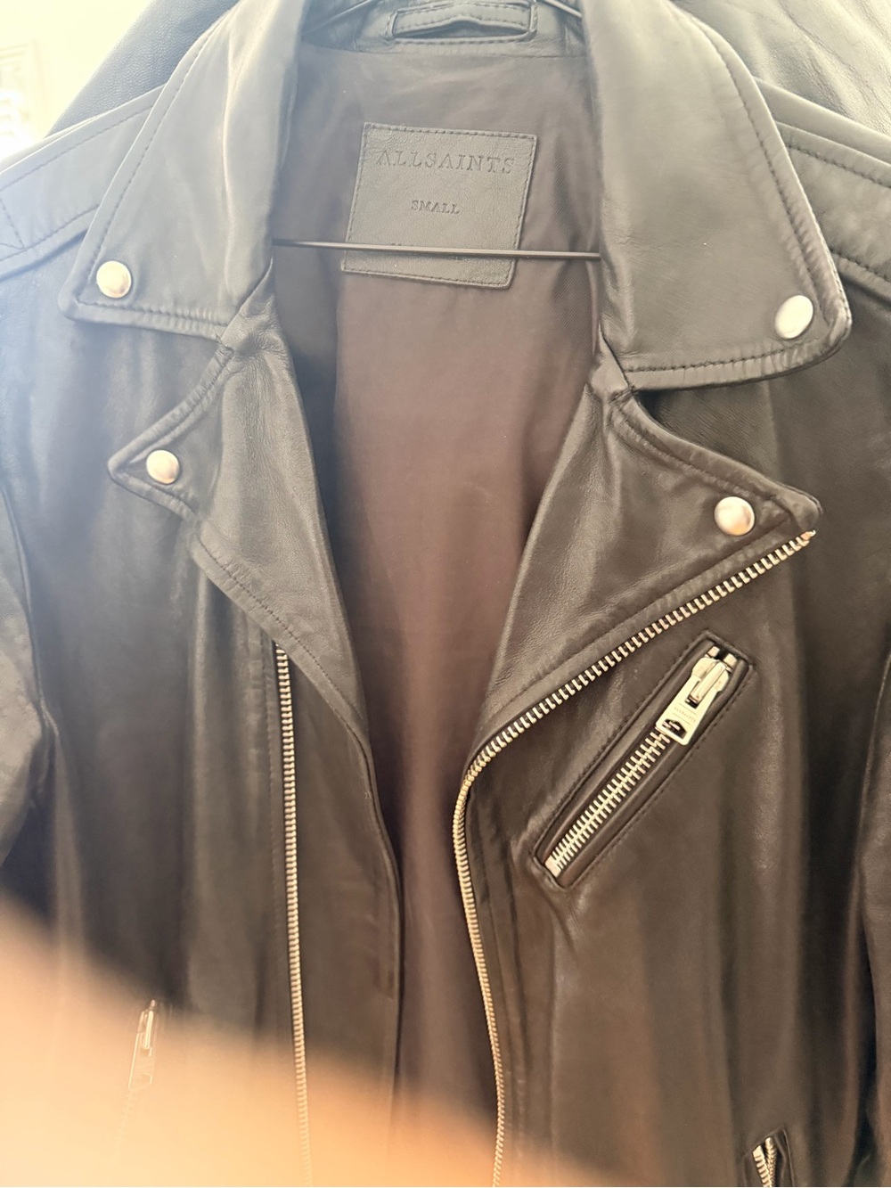 AllSaints Black Leather Jacket with Contrast Lining - Picture 2 of 6